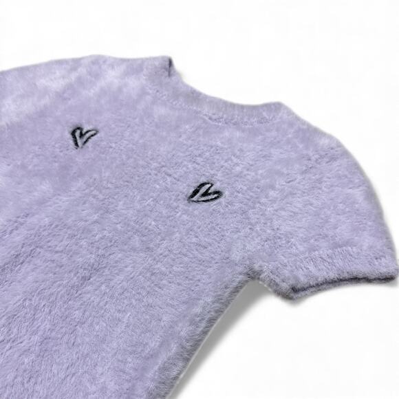 Forever 21 Light Purple Y2K Fuzzy Sweater Short Sleeve Top Heart Embroidery SM - Picture 2 of 3